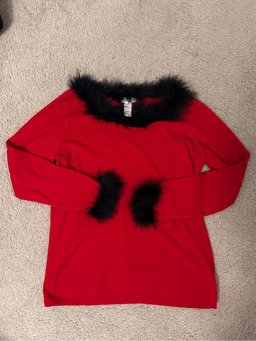 Worthington Red Sweater with Black Faux-Fur Trim